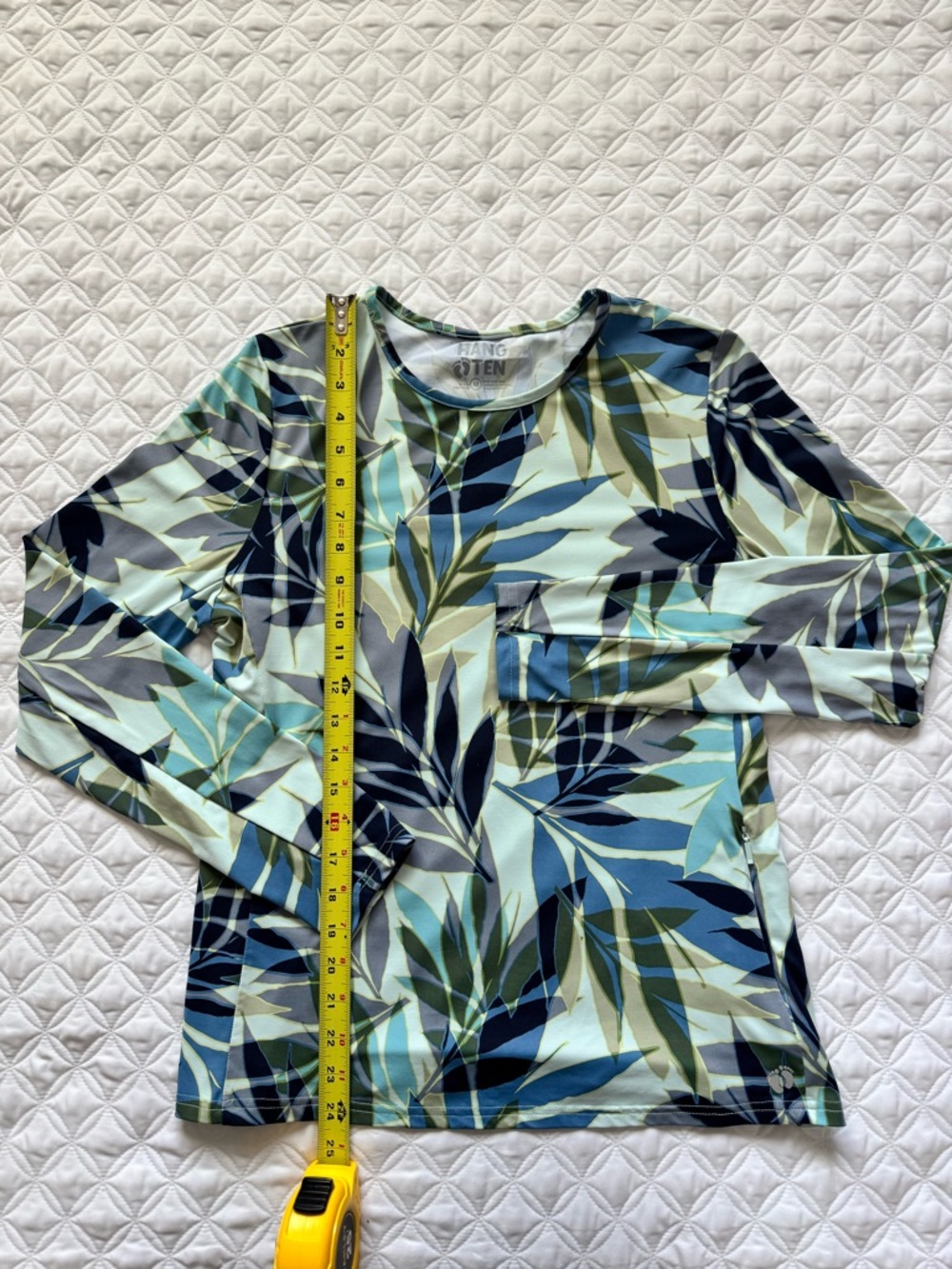 Hang Ten Long Sleeve Leaf Print Sun Protect Rash Guard Swim Top Blue Green Sz M - Picture 4 of 15